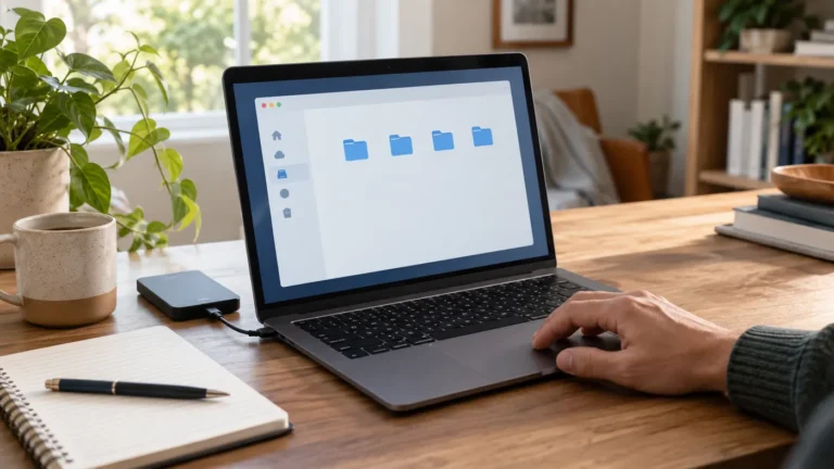Notebook s jednoduchým zobrazením priečinkov vedľa externého úložiska a zápisníka.